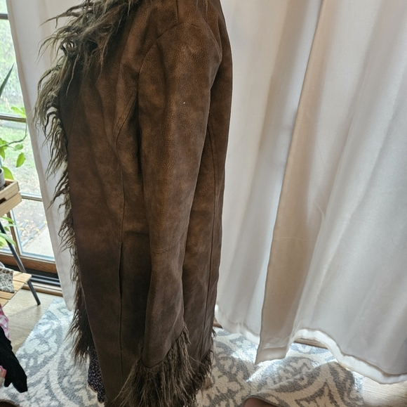 Brown Faux-Suede Feather-Trim Long Coat Bailey Rose Medium Y2K 70s Style - Picture 3 of 5